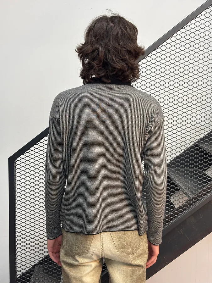 AW1981 Giorgio Armani Grey Striped Cotton Polo Sweater aQsHfyH 1