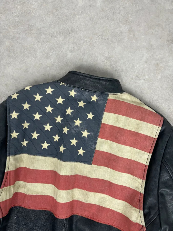 2010s Ralph Lauren Black Buffalo Leather American Flag Biker Jacket RfmWBKQ 5