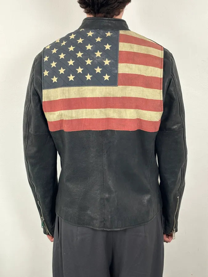 2010s Ralph Lauren Black Buffalo Leather American Flag Biker Jacket RfmWBKQ 3