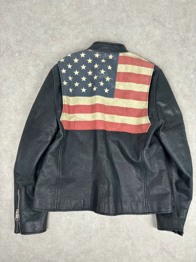 2010s Ralph Lauren Black Buffalo Leather American Flag Biker Jacket RfmWBKQ 0
