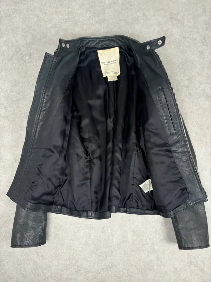 2010s Ralph Lauren Black Buffalo Leather American Flag Biker Jacket RfmWBKQ 6
