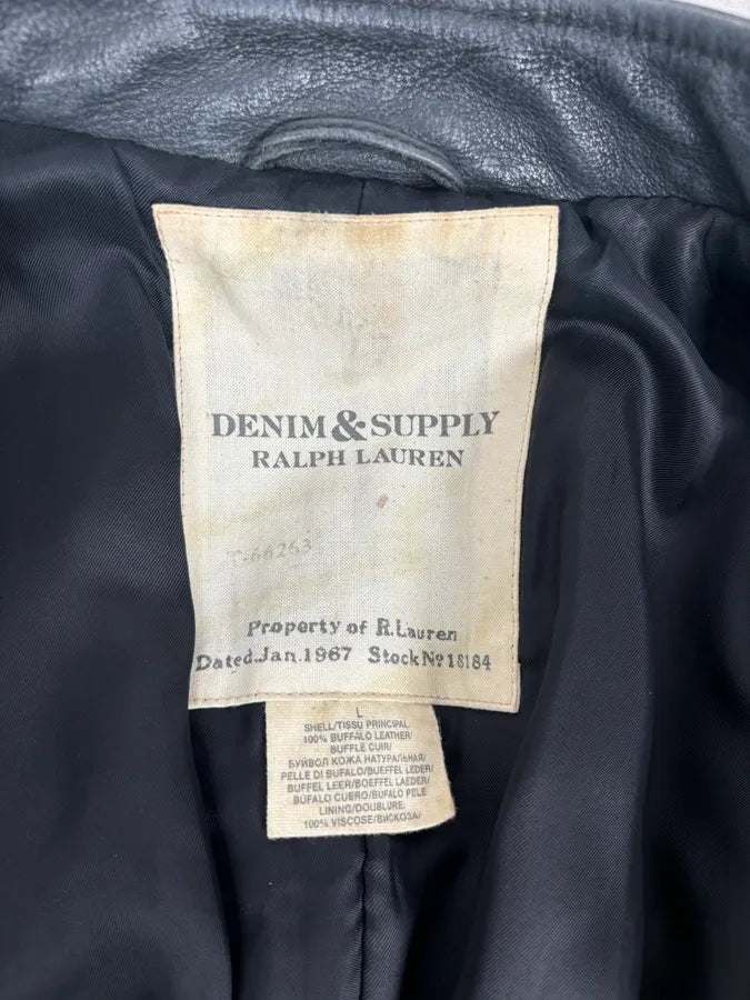 2010s Ralph Lauren Black Buffalo Leather American Flag Biker Jacket RfmWBKQ 8