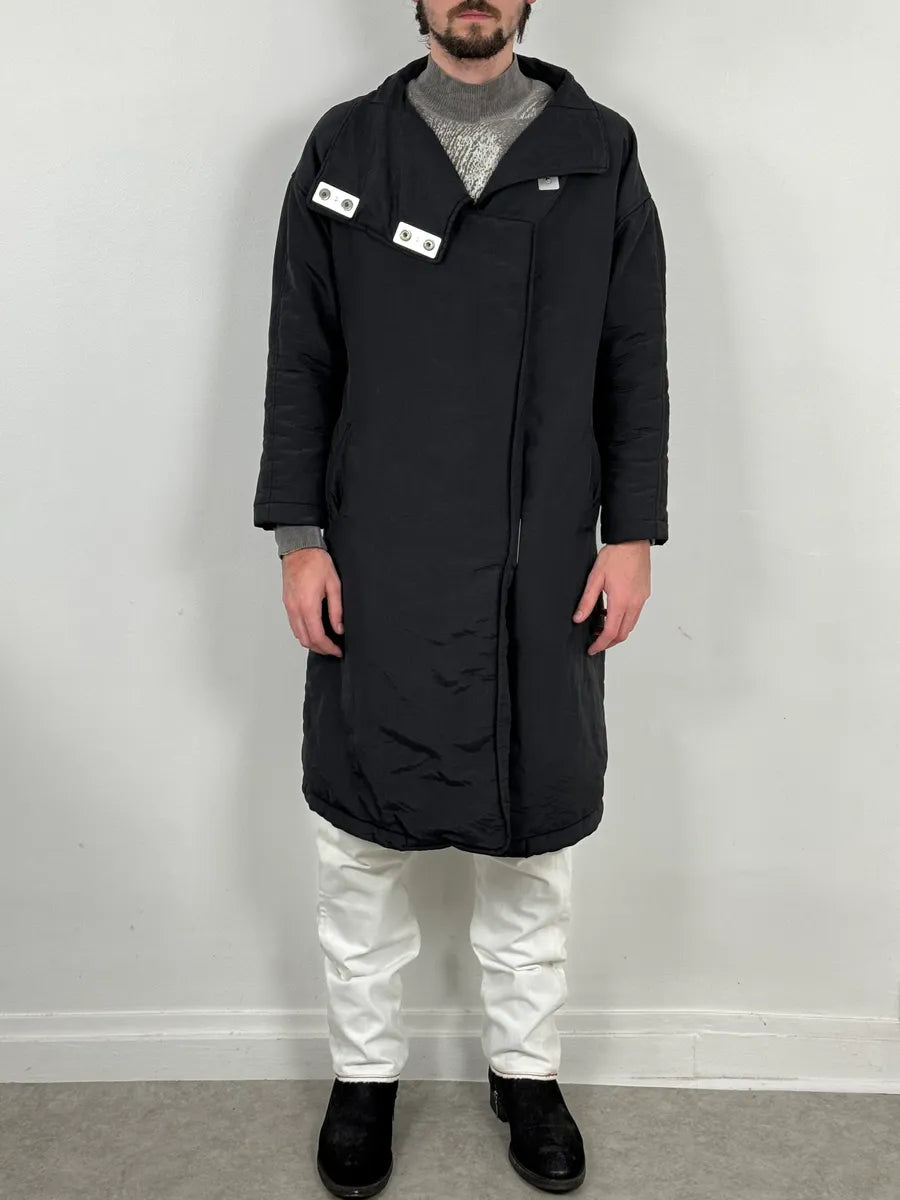 1990 Armani Asymmetrical Metal Buttons Black Nylon Trench Coat SREWFdD 0