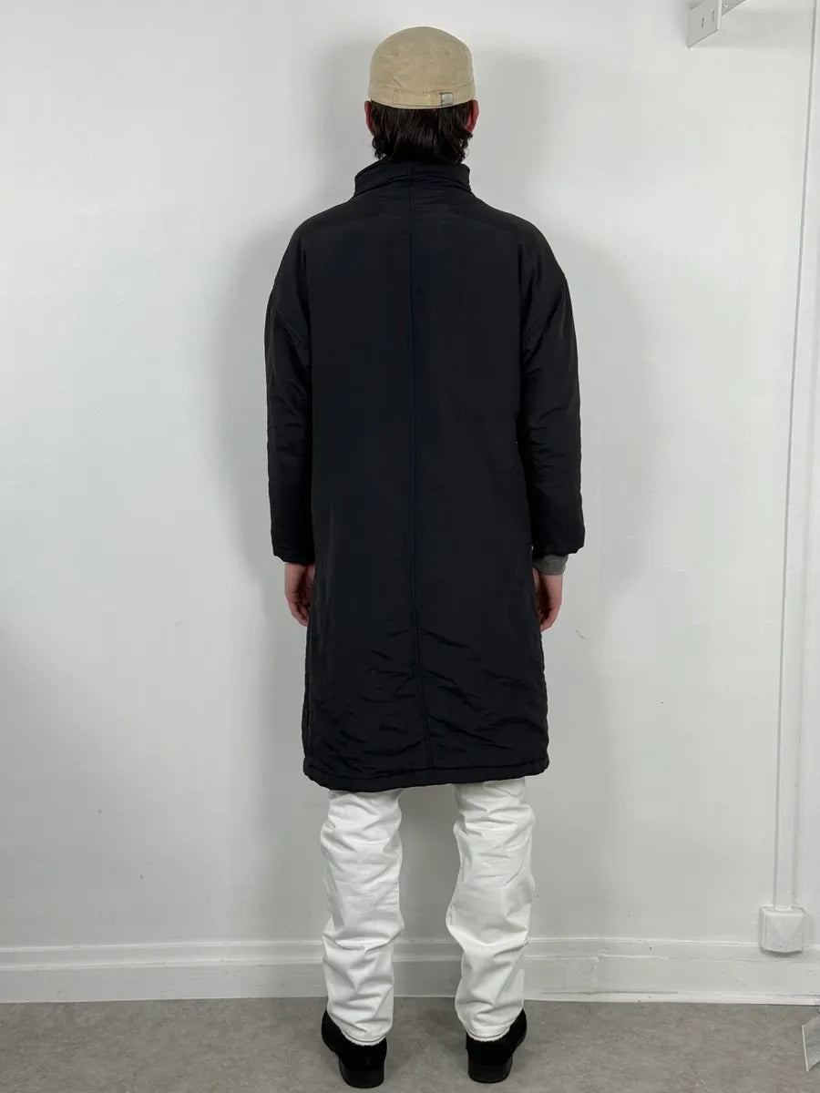 1990 Armani Asymmetrical Metal Buttons Black Nylon Trench Coat SREWFdD 1