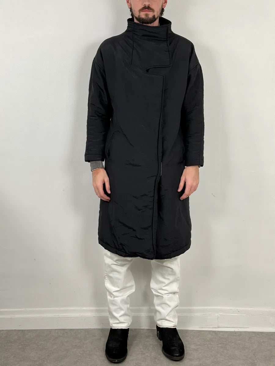 1990 Armani Asymmetrical Metal Buttons Black Nylon Trench Coat SREWFdD 2