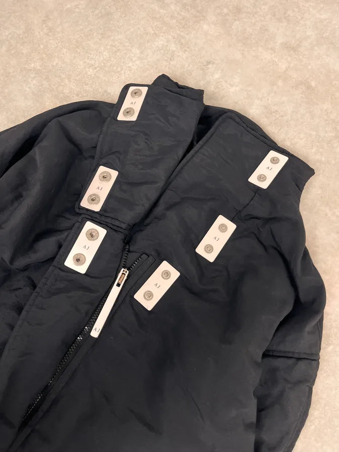 1990 Armani Asymmetrical Metal Buttons Black Nylon Trench Coat SREWFdD 7