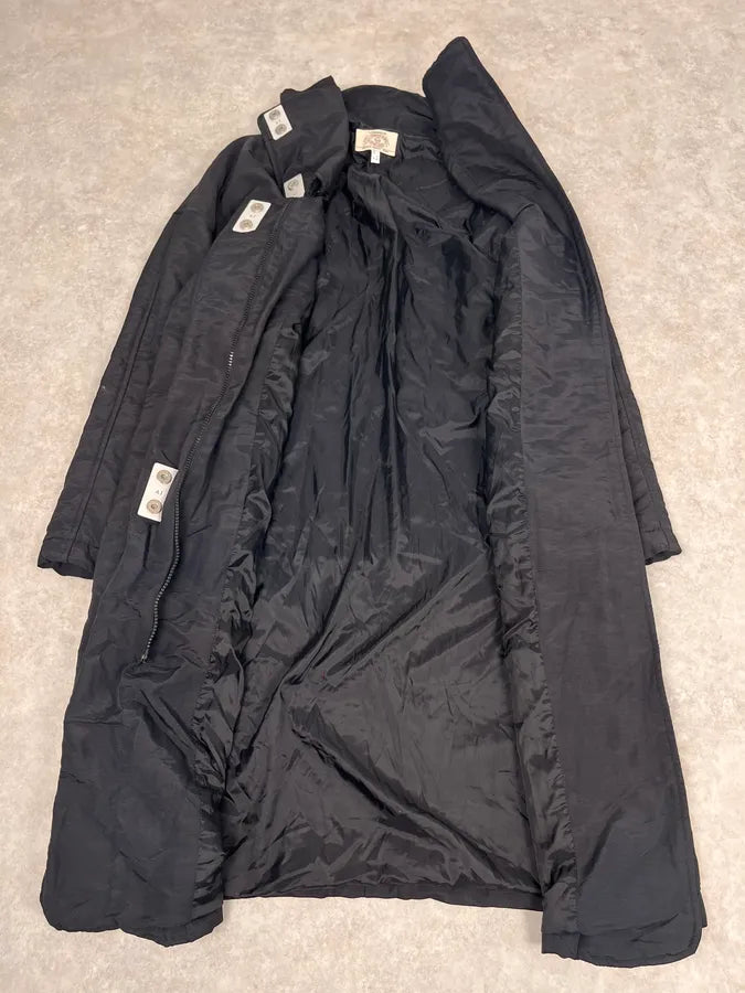 1990 Armani Asymmetrical Metal Buttons Black Nylon Trench Coat SREWFdD 8