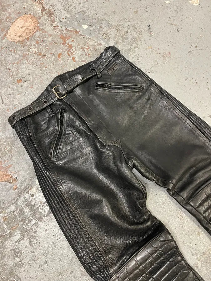 1990s Archive Black Biker Padded Belted Leather Pants tCpJFaz 6