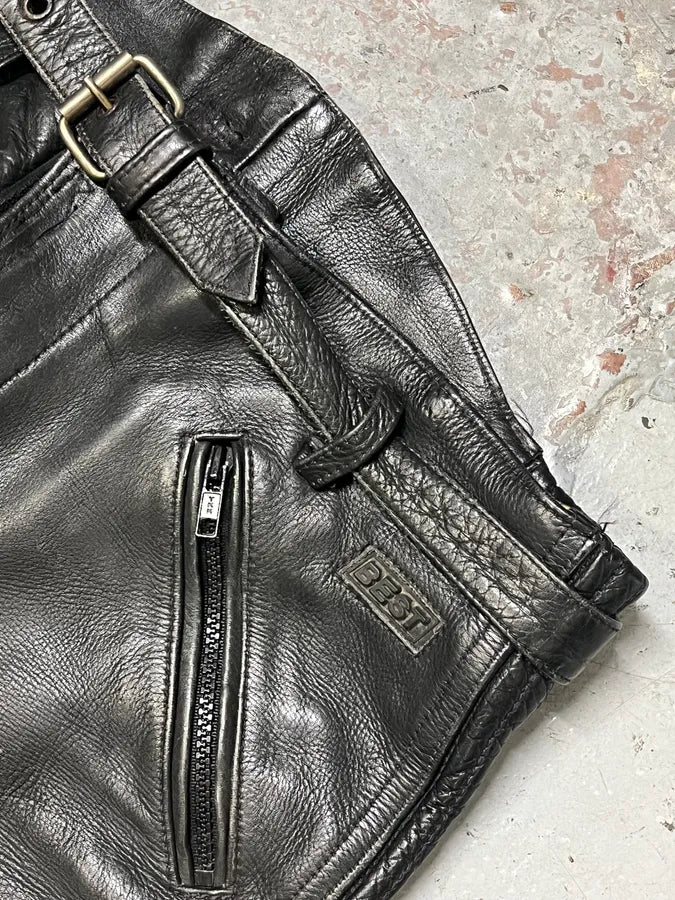 1990s Archive Black Biker Padded Belted Leather Pants tCpJFaz 7