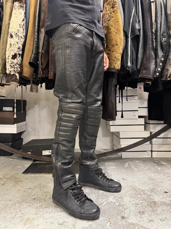 1990s Archive Black Biker Padded Belted Leather Pants tCpJFaz 2