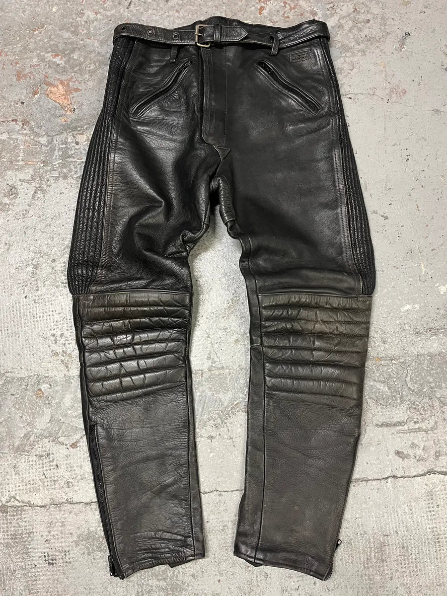 1990s Archive Black Biker Padded Belted Leather Pants tCpJFaz 0