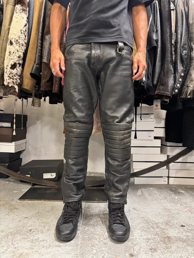 1990s Archive Black Biker Padded Belted Leather Pants tCpJFaz 1