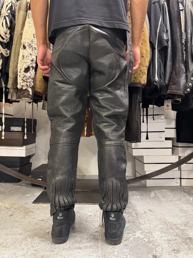 1990s Archive Black Biker Padded Belted Leather Pants tCpJFaz 3