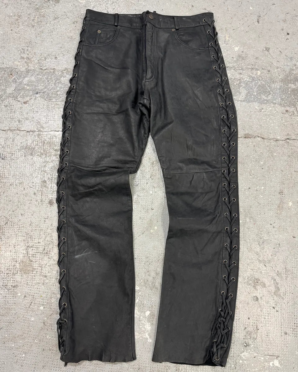 1990s Archive Black Leather Laced Pants HpKWaqQ 0
