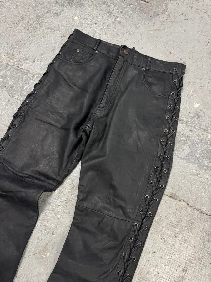 1990s Archive Black Leather Laced Pants HpKWaqQ 5