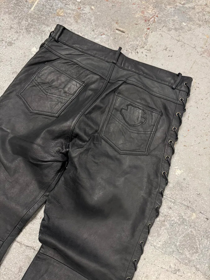 1990s Archive Black Leather Laced Pants HpKWaqQ 6