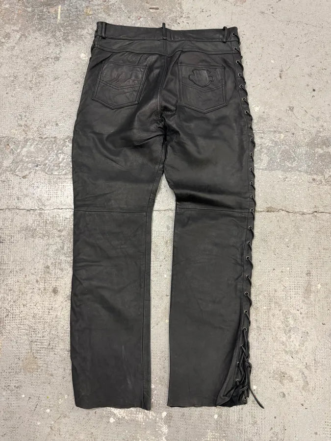 1990s Archive Black Leather Laced Pants HpKWaqQ 7