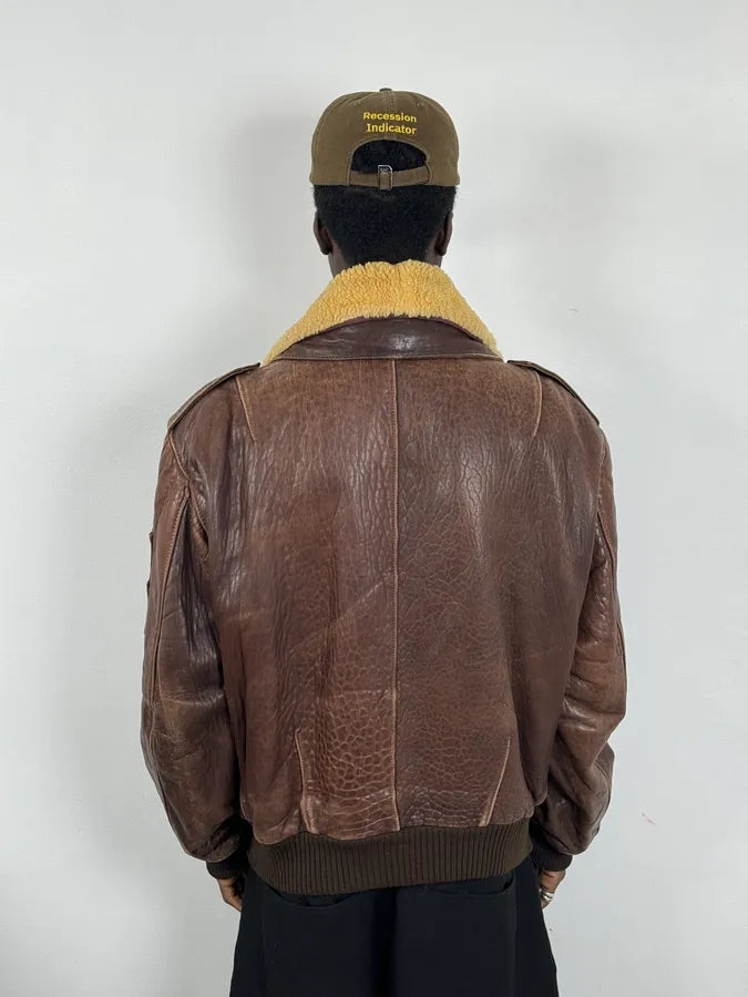 1990s Archive Brown Fur Collar Aviator Bomber Leather Jacket NOPBuXy 2