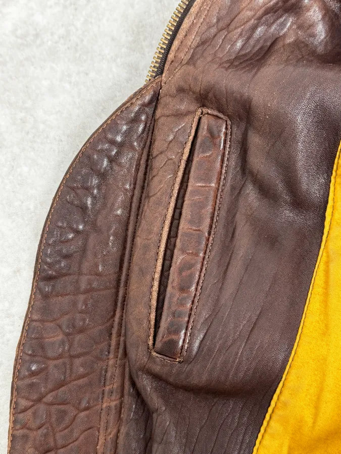 1990s Archive Brown Fur Collar Aviator Bomber Leather Jacket NOPBuXy 11