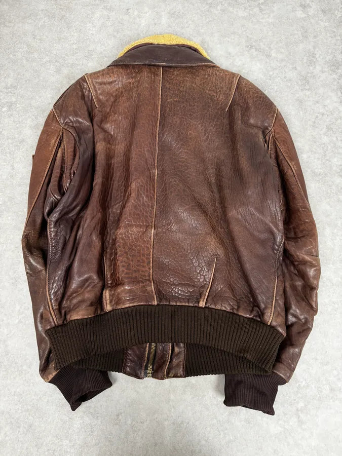 1990s Archive Brown Fur Collar Aviator Bomber Leather Jacket NOPBuXy 3