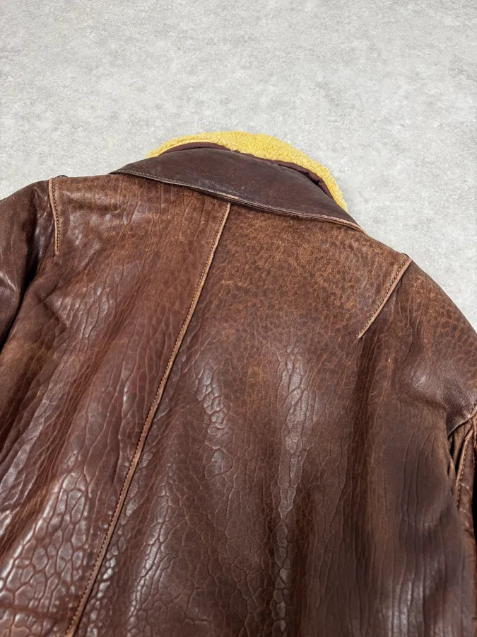 1990s Archive Brown Fur Collar Aviator Bomber Leather Jacket NOPBuXy 5