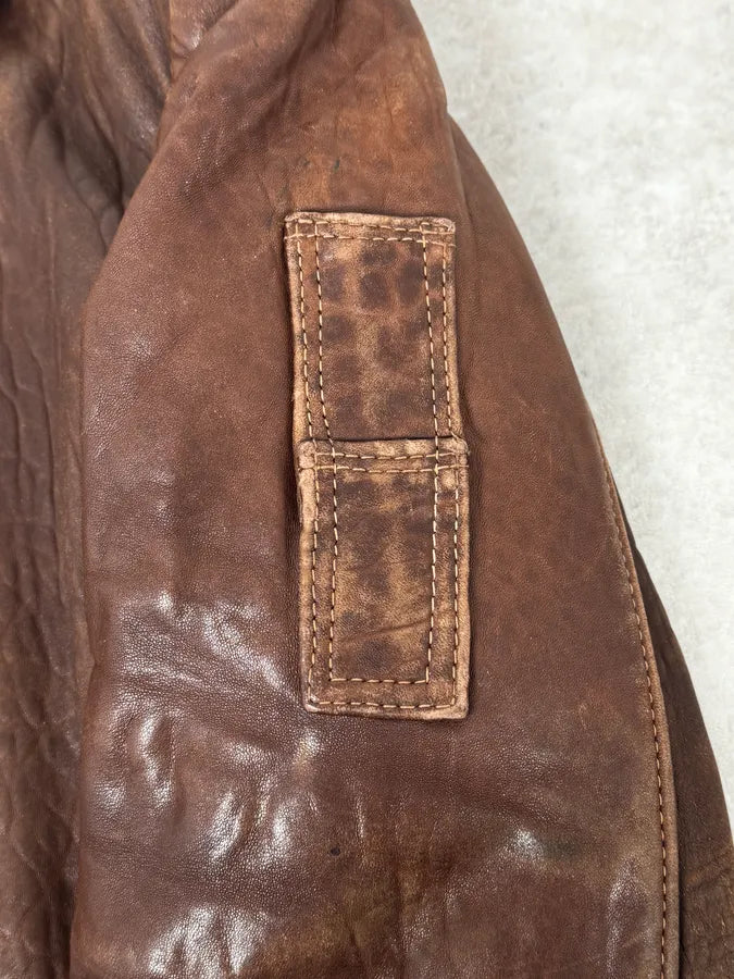 1990s Archive Brown Fur Collar Aviator Bomber Leather Jacket NOPBuXy 9