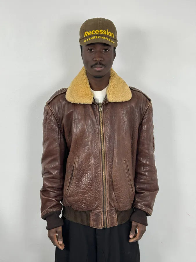 1990s Archive Brown Fur Collar Aviator Bomber Leather Jacket NOPBuXy 1