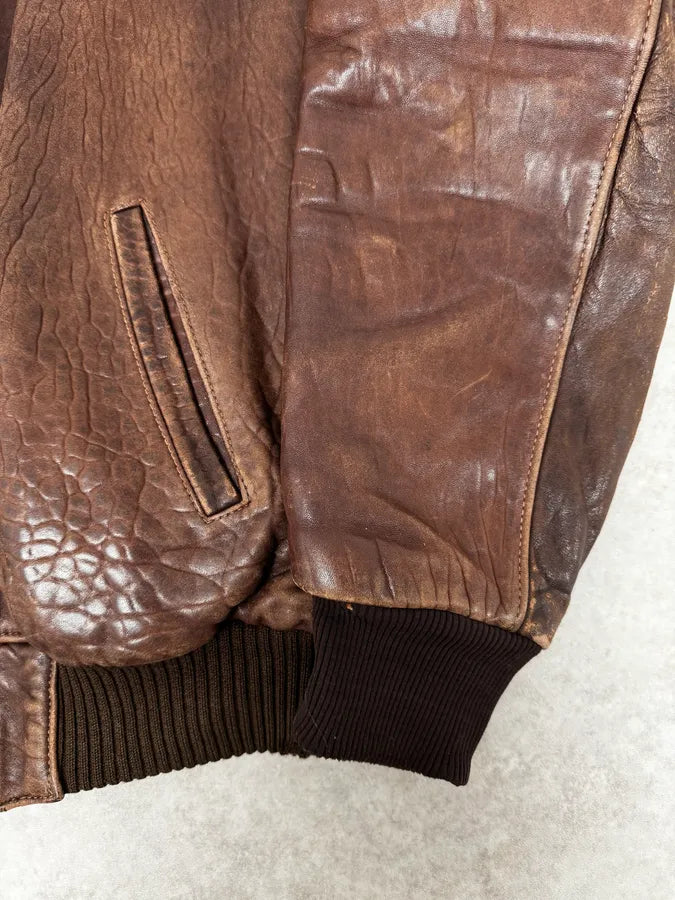 1990s Archive Brown Fur Collar Aviator Bomber Leather Jacket NOPBuXy 10