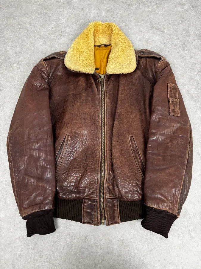 1990s Archive Brown Fur Collar Aviator Bomber Leather Jacket NOPBuXy 0