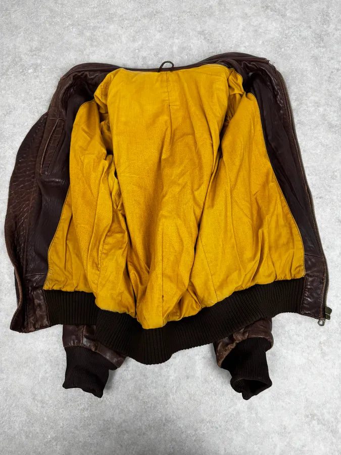 1990s Archive Brown Fur Collar Aviator Bomber Leather Jacket NOPBuXy 6