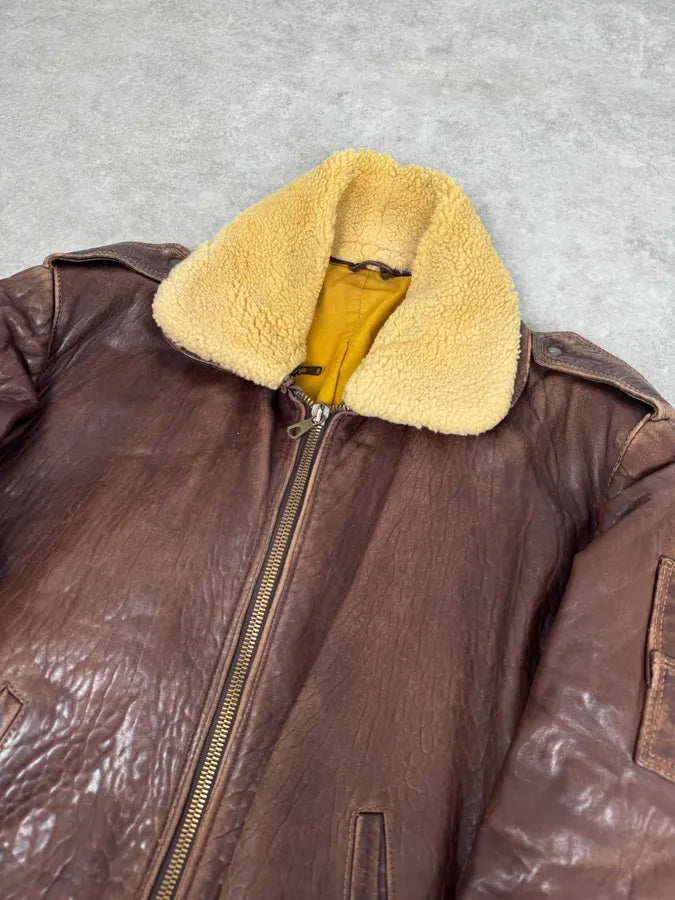 1990s Archive Brown Fur Collar Aviator Bomber Leather Jacket NOPBuXy 4