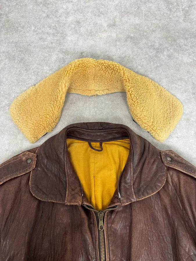 1990s Archive Brown Fur Collar Aviator Bomber Leather Jacket NOPBuXy 7