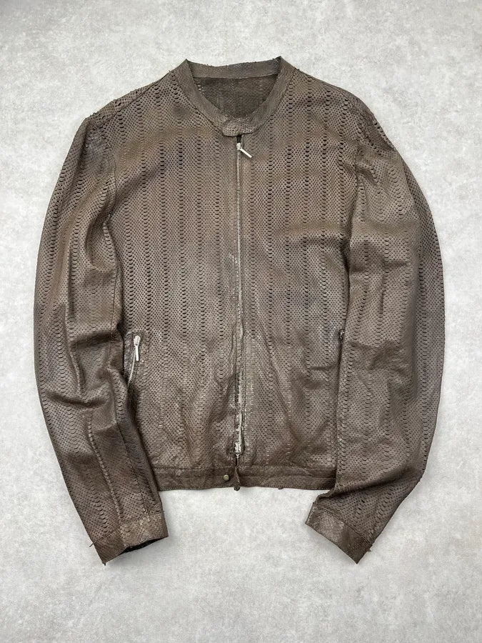 1990s Archive Brown Perforated Avant-Garde Leather Jacket CtEqrrw 0