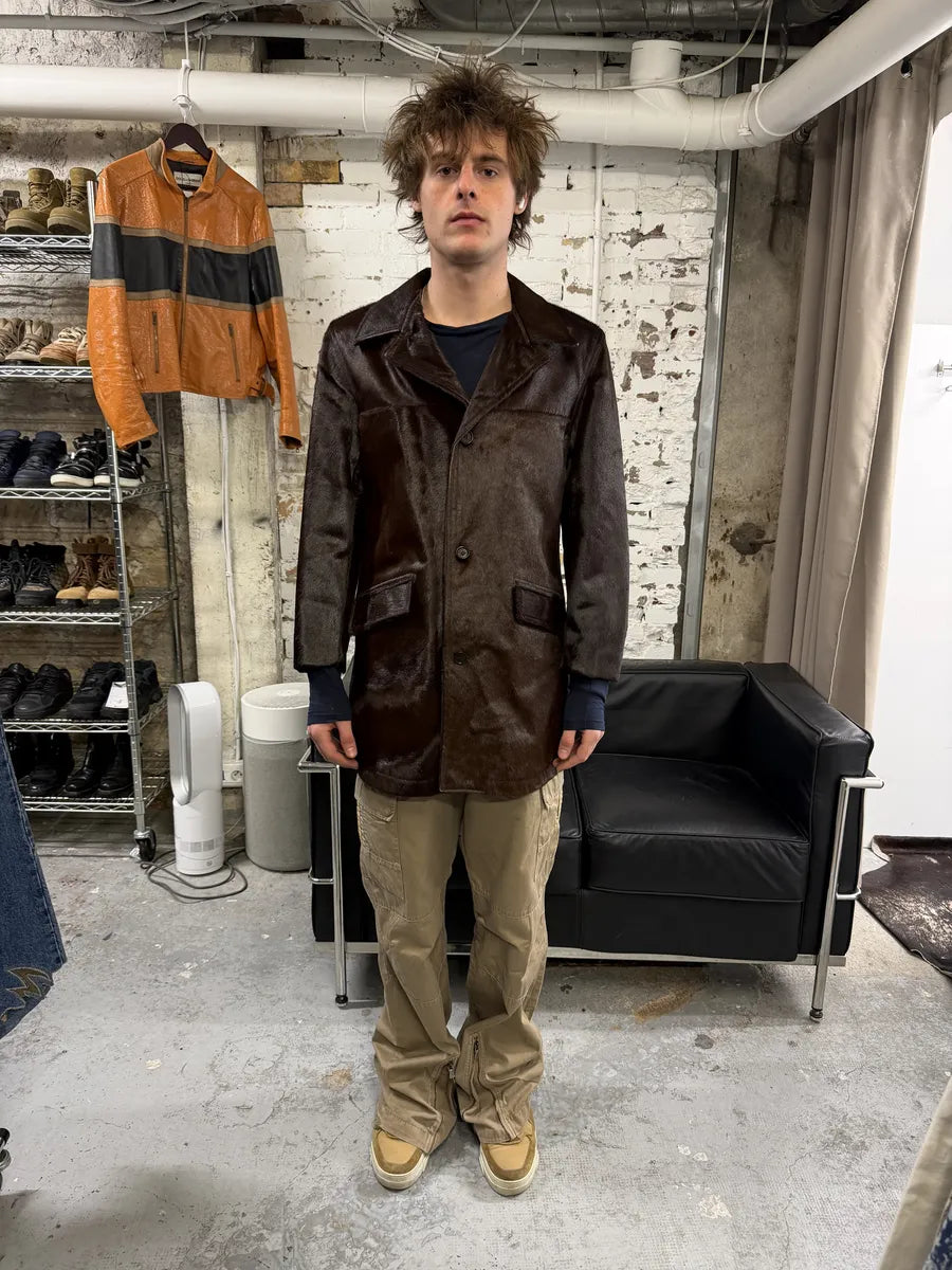 1990s Archive Brown Pony Hair Leather Long Coat kIlvjLG 2