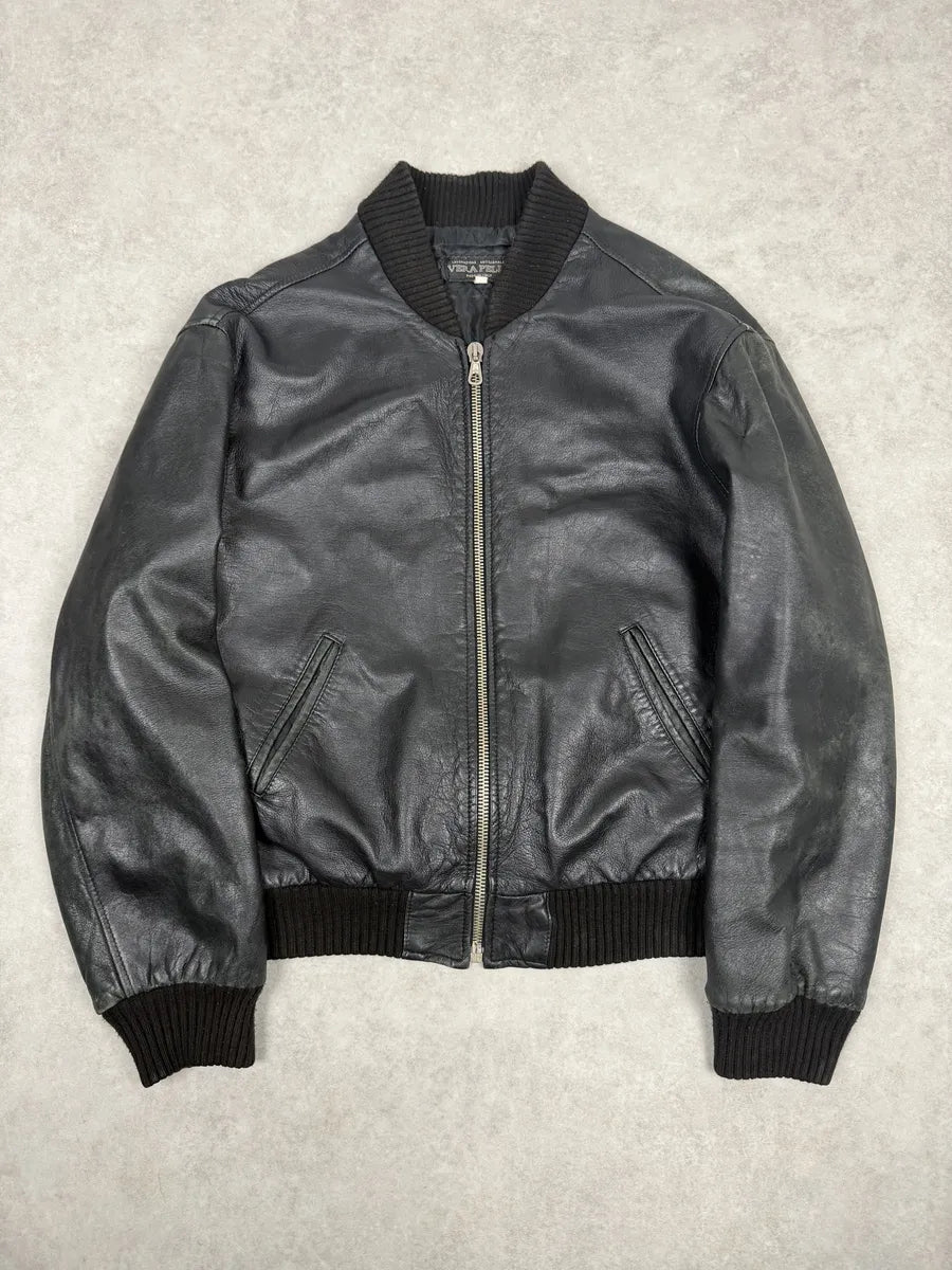 1990s Archive Italian Black Leather Bomber Jacket yEZJulN 0
