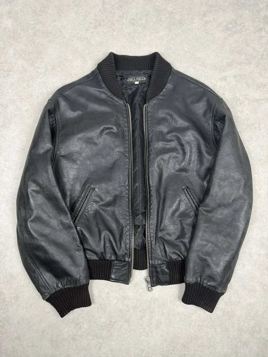 1990s Archive Italian Black Leather Bomber Jacket yEZJulN 1