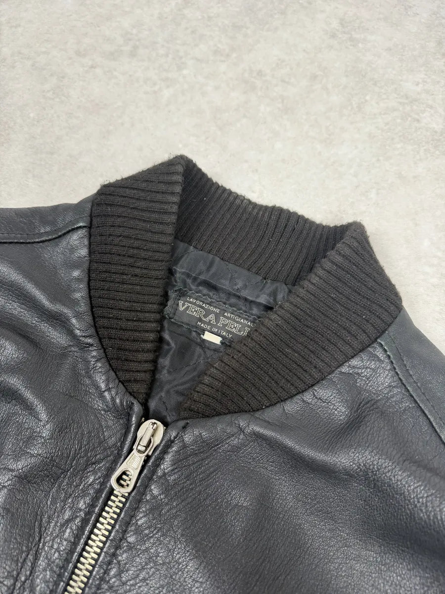 1990s Archive Italian Black Leather Bomber Jacket yEZJulN 10