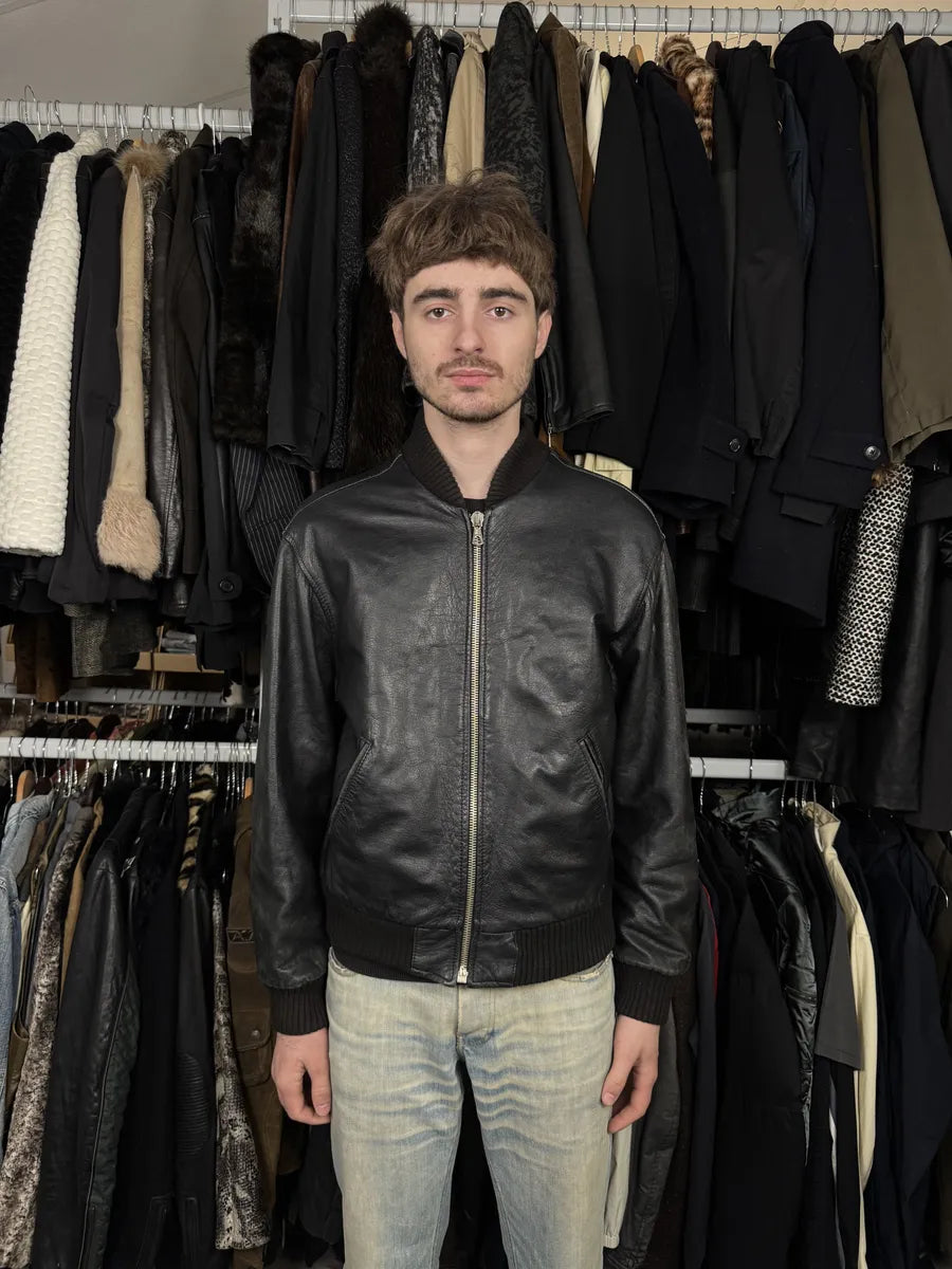 1990s Archive Italian Black Leather Bomber Jacket yEZJulN 2