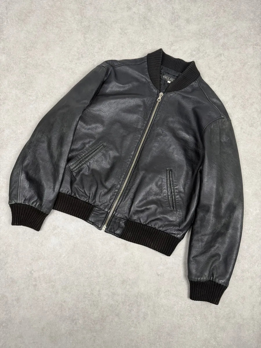 1990s Archive Italian Black Leather Bomber Jacket yEZJulN 4