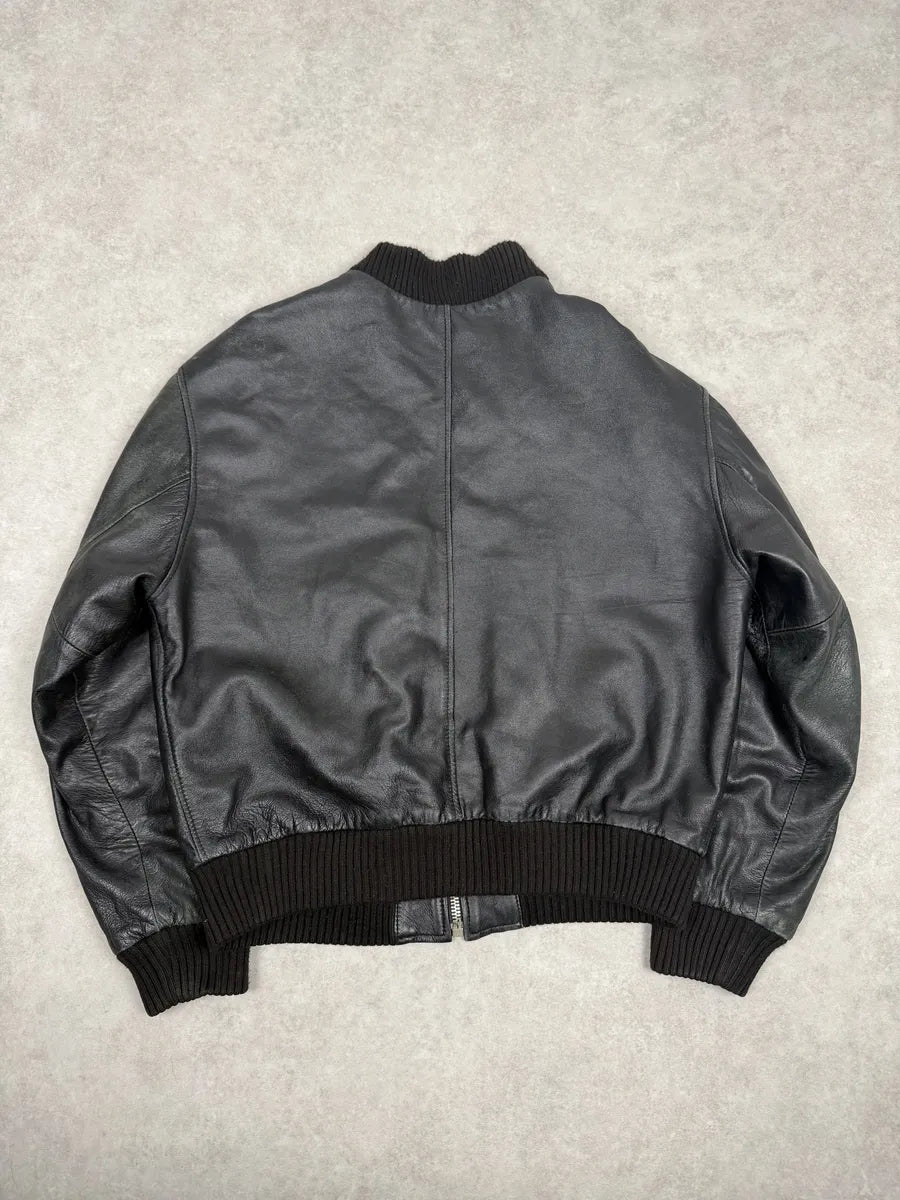 1990s Archive Italian Black Leather Bomber Jacket yEZJulN 5