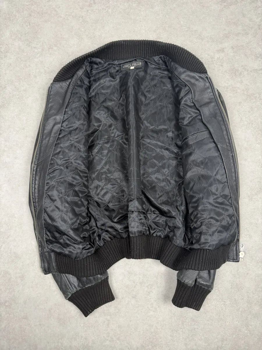 1990s Archive Italian Black Leather Bomber Jacket yEZJulN 7