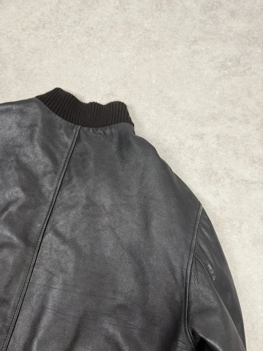 1990s Archive Italian Black Leather Bomber Jacket yEZJulN 8
