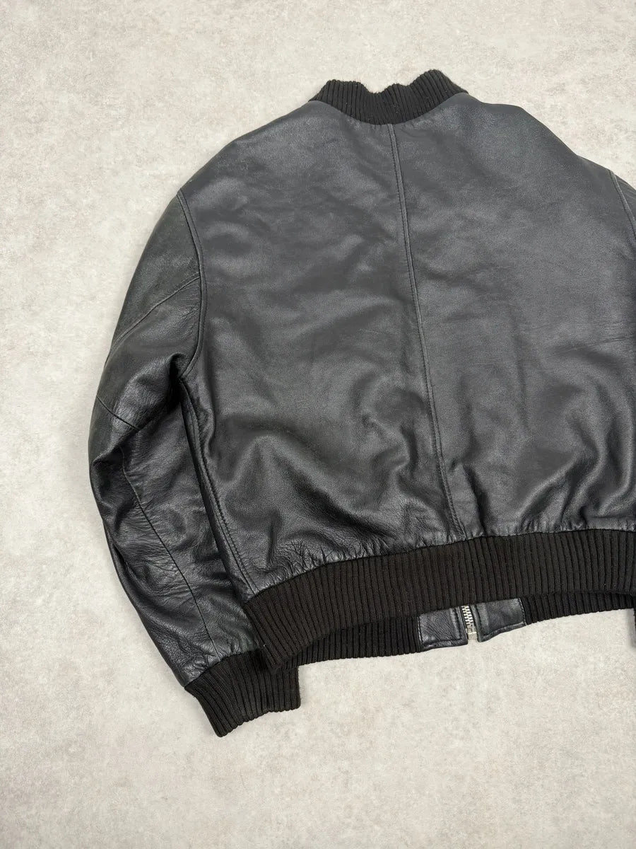 1990s Archive Italian Black Leather Bomber Jacket yEZJulN 9