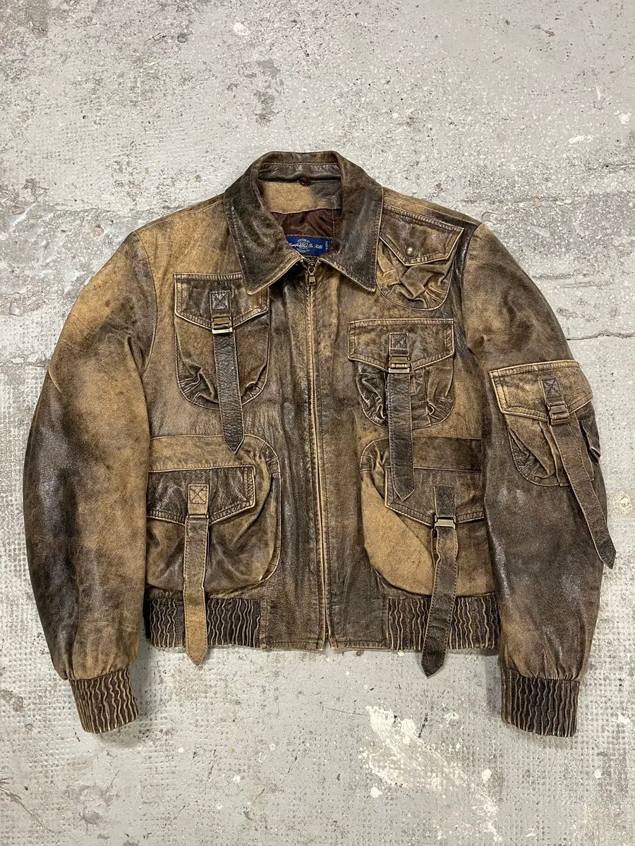 1990s Archive Italian Eroded Bondage Cargo Leather Jacket (S) EMhwcKm 0