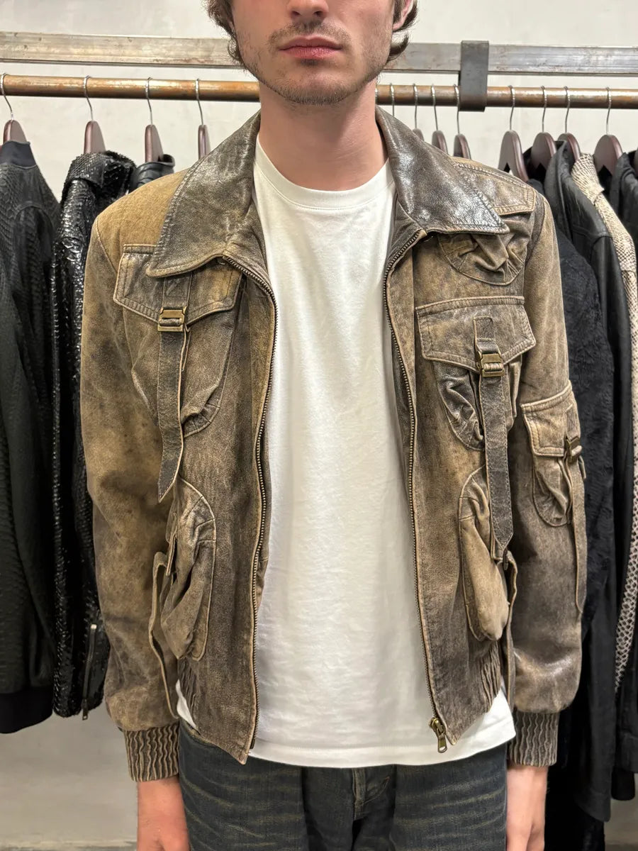 1990s Archive Italian Eroded Bondage Cargo Leather Jacket (S) EMhwcKm 1