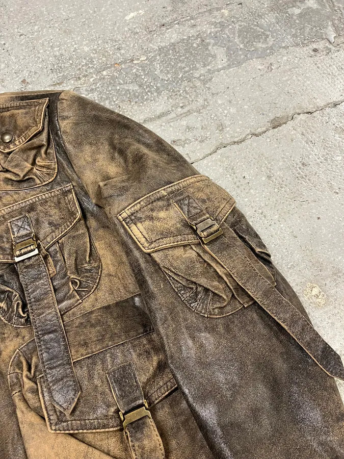 1990s Archive Italian Eroded Bondage Cargo Leather Jacket (S) EMhwcKm 4