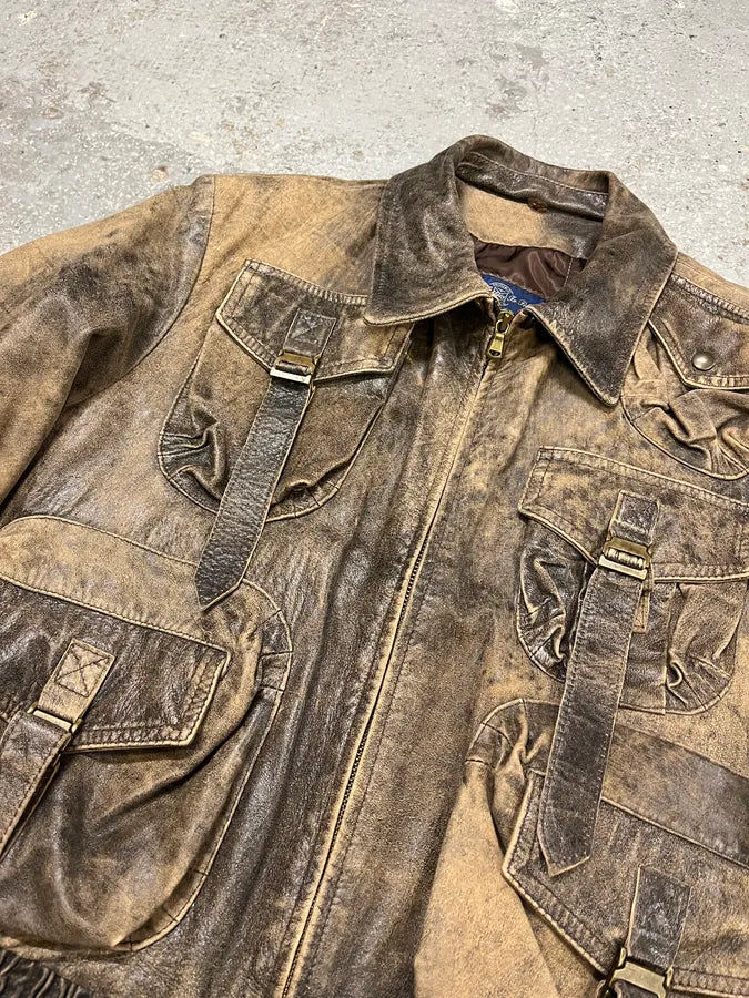 1990s Archive Italian Eroded Bondage Cargo Leather Jacket (S) EMhwcKm 6