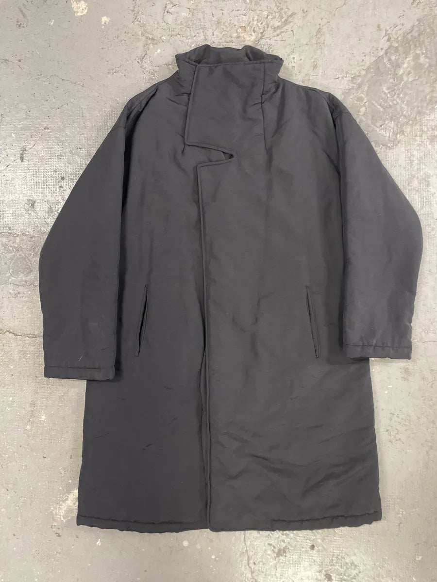 1990s Armani Asymmetrical Metal Buttons Black Nylon Trench Coat xADRVum 1