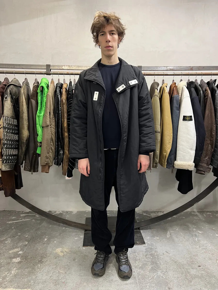 1990s Armani Asymmetrical Metal Buttons Black Nylon Trench Coat xADRVum 0