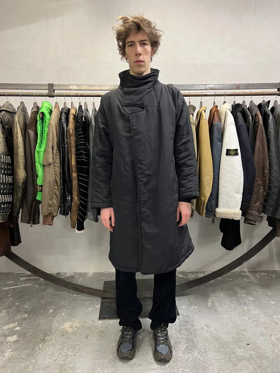 1990s Armani Asymmetrical Metal Buttons Black Nylon Trench Coat xADRVum 2